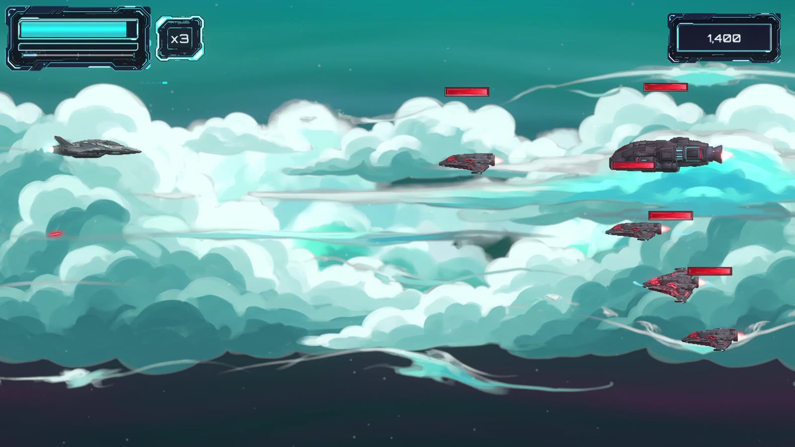 The ship fighting enemy fighters above a sea of clouds