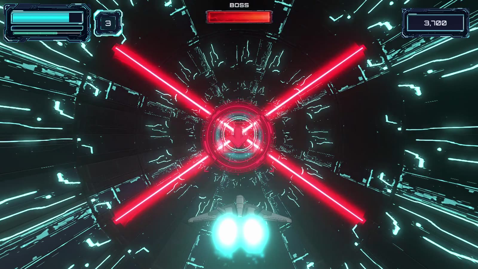 Inside a quantum tunnel, crossing red laser beams